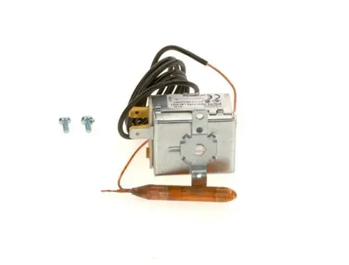 Temperaturbegrenzer von Bosch mit Metallgehäuse, mehreren Anschlussklemmen und einem Sensor, begleitet von zwei Schrauben.